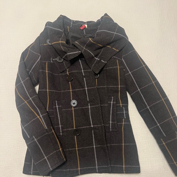 H&M Women's Plaid Pea Coat - Black, Gray, and Brown - Picture 1 of 3